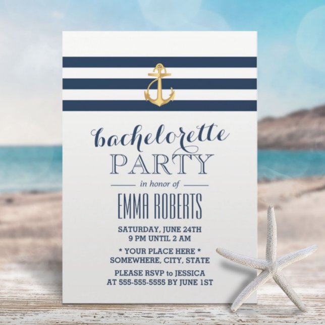 Bachelorette Gold Anchor Navy Stripes Nautical Invitation (Creator Uploaded)
