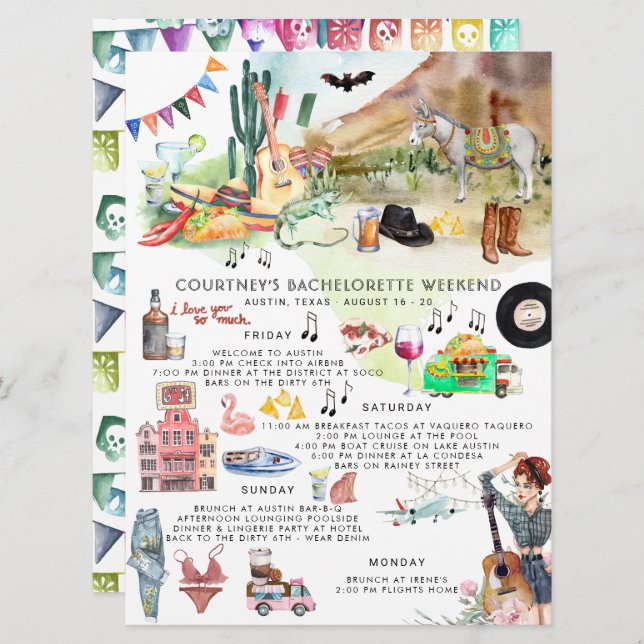 Bachelorette Itinerary | Austin, Texas Fiesta Invitation (Front/Back)