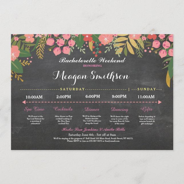 Bachelorette Itinerary Coral & Gold Chalk Invite (Front)