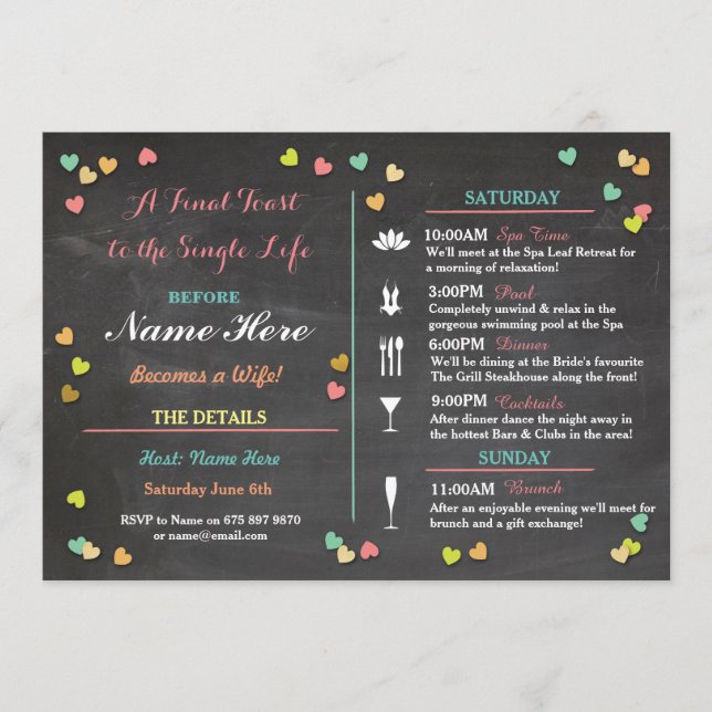 Bachelorette Itinerary Weekend Hen Bridal Shower Programme (Front)