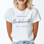 Bachelorette | Minimalist Script Modern Bridesmaid T-Shirt<br><div class="desc">This Bachelorette Party custom design features a handwritten script typography. You can easily personalise the bride-to-be's name,  year,  bridemaid's name or your own custom message! The perfect elegant accessory for a bachelorette party or bachelorette weekend!</div>