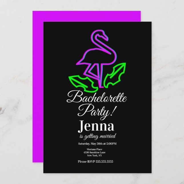 Bachelorette Neon Flamingo Tropical Bridal Shower Invitation (Front/Back)