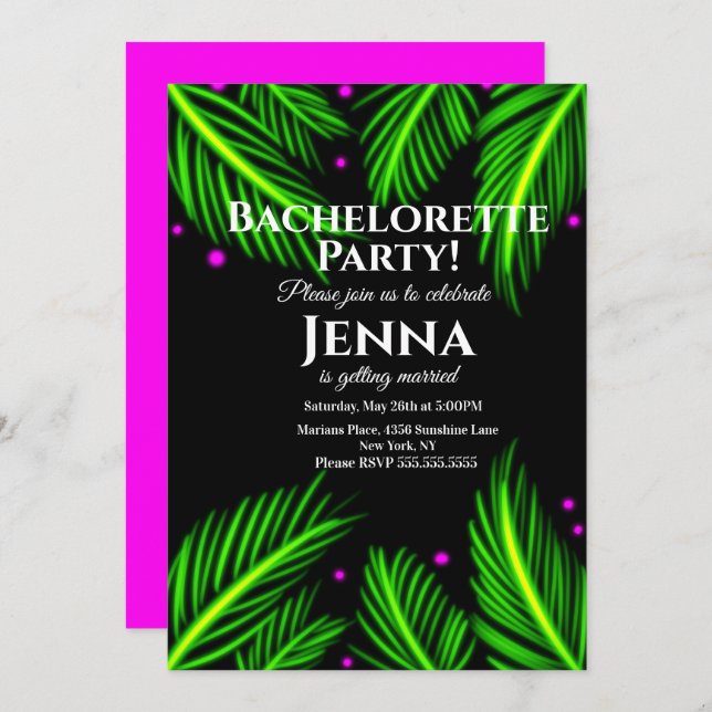 Bachelorette Neon Palm Leaf Tropical Bridal Shower Invitation (Front/Back)
