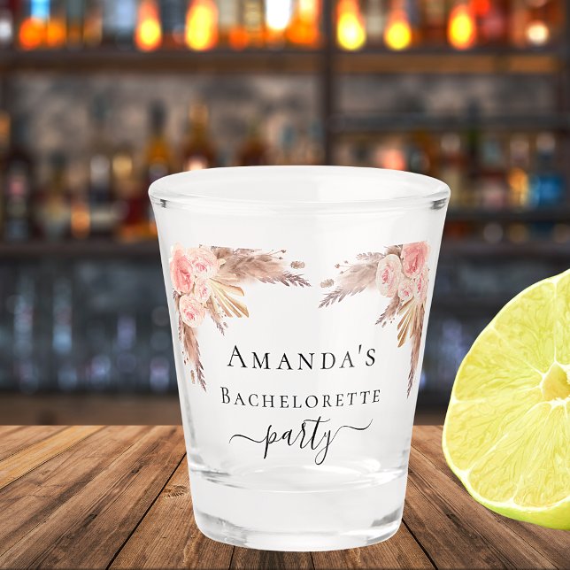 Bachelorette pampas grass blush pink flowers shot glass (Creator Uploaded)