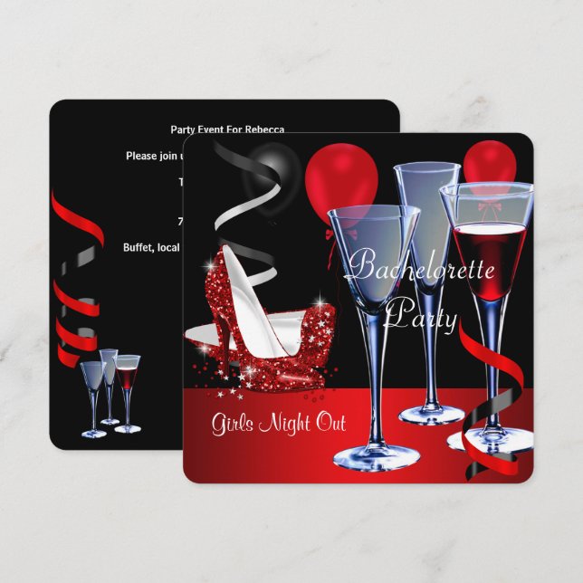 Bachelorette Parties Red Shoe Hi Heels Wine glass Invitation (Front/Back)