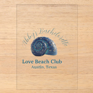Bachelorette party beach club blue sea shell name acrylic invitations