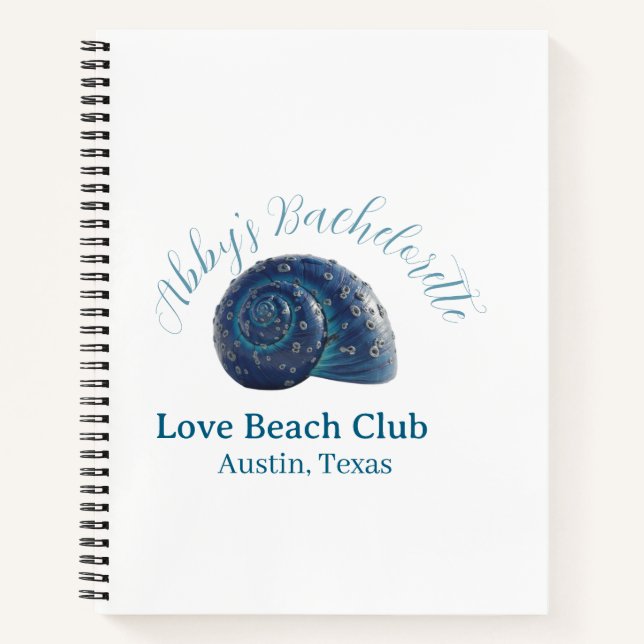Bachelorette party beach club blue sea shell name  notebook (Front)