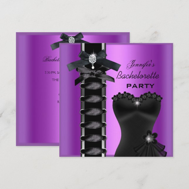 Bachelorette Party Black Purple Diamond Corset Tie Invitation (Front/Back)