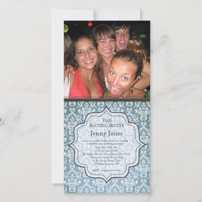 Bachelorette Party Blue Grunge Damask Photo Invite (Front)