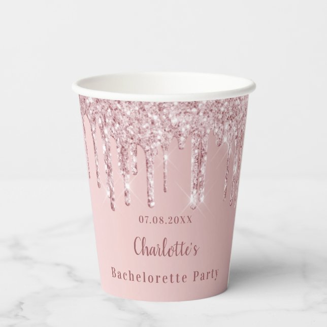 Bachelorette party blush pink glitter monogram paper cups (Back)