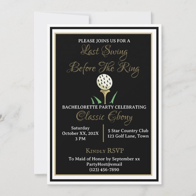 Bachelorette Party Bridal Shower Golf Black Gold Invitation (Front)
