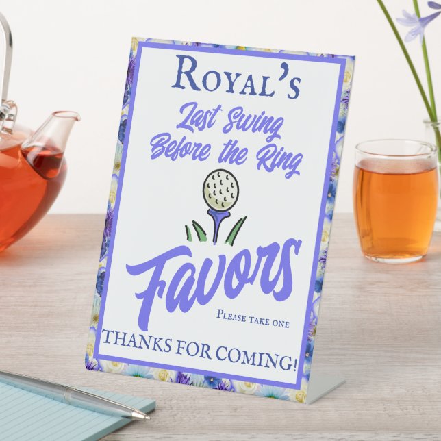 Bachelorette Party Bridal Shower Golf Blue Floral  Pedestal Sign (In SItu)