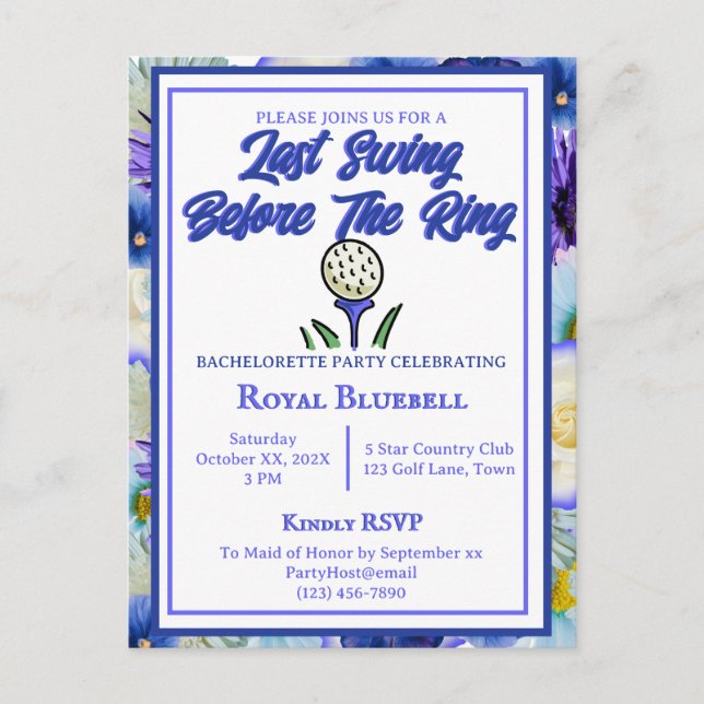Bachelorette Party Bridal Shower Golf Blue Flowers Postcard (Front)