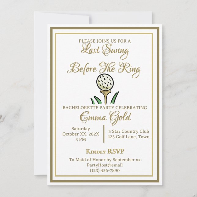 Bachelorette Party Bridal Shower Golf Gold & White Invitation (Front)