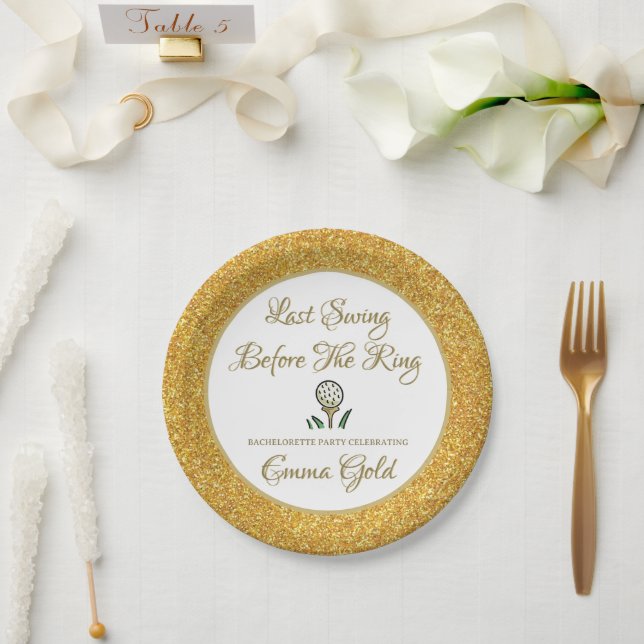 Bachelorette Party Bridal Shower Golf Gold & White Paper Plate (Wedding)