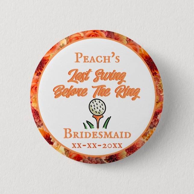 Bachelorette Party Bridal Shower Golf Peach Orange 6 Cm Round Badge (Front)