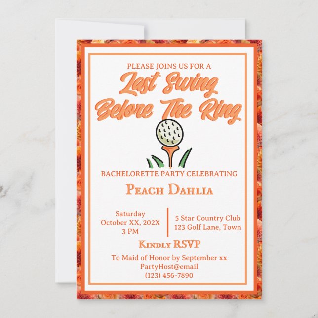 Bachelorette Party Bridal Shower Golf Peach Orange Invitation (Front)