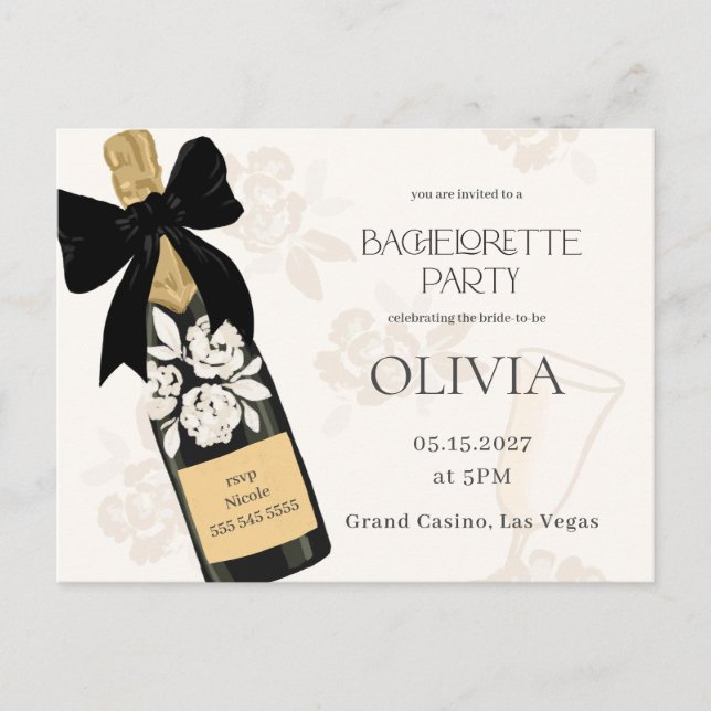 Bachelorette party Bubbly Wine Bottle Black Bow Postcard (Front)
