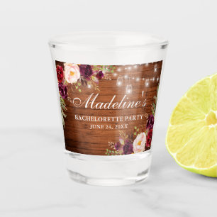 Bachelorette Party Burgundy Floral Wood Lights Shot Glass