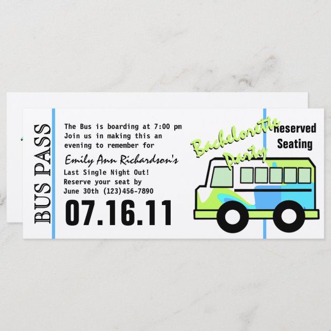 Bachelorette Party Bus Pass Invitation (Front/Back)