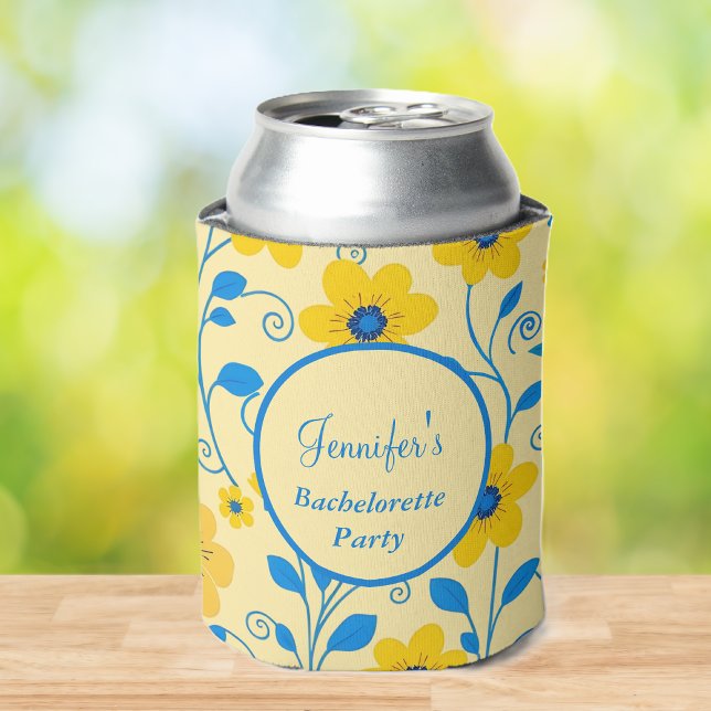 Bachelorette Party-Butter Yellow and Blue Floral- Can Cooler (Bachelorette Party- Butter Yellow and Blue Floral- Can Cooler)