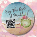 Bachelorette Party Buy Bride A Drink<br><div class="desc">Cute Beach Cocktail Bachelorette Party Weekend button with a buy the bride a drink customisable QR code. A cool watercolor beach theme with shades of pink and teal, setting the vibe for a beach escape with the bride and her besties. From trips to Florida, California, or even something more international...</div>