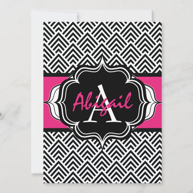 Bachelorette Party Chevron Chic Hot Pink Monogram Invitation (Front)