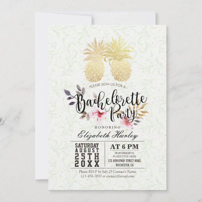 Bachelorette Party Chic Gold Foil Pineapple Couple Invitation (Front)