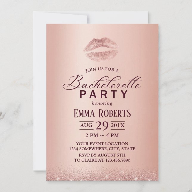 Bachelorette Party Chic Lips Rose Gold Invitation (Front)