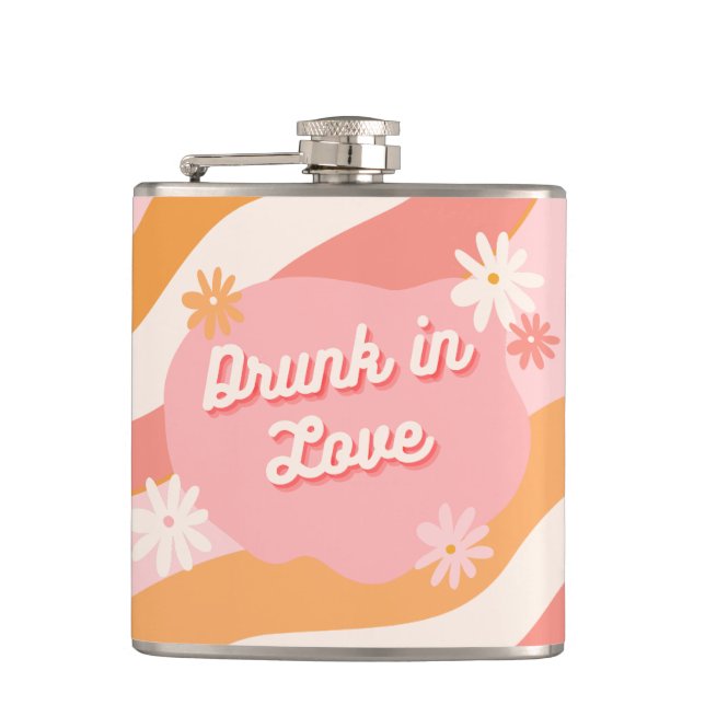 Bachelorette Party Favour Retro Pink Drunk in Love Hip Flask (Front)
