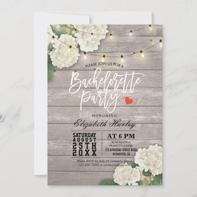 Bachelorette Party Flower String Light Rustic Wood Invitation (Front)