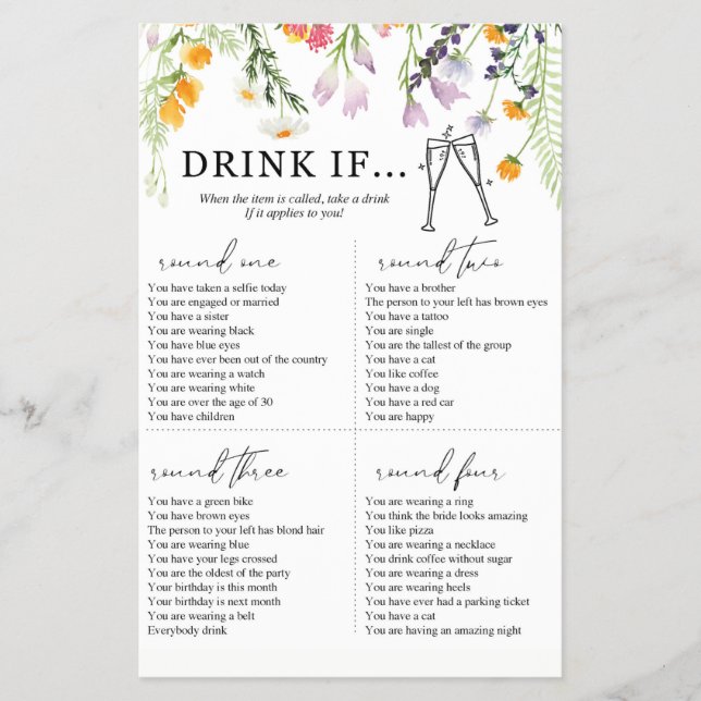 Bachelorette Party Game Drink if Wildflowers Flyer (Front)