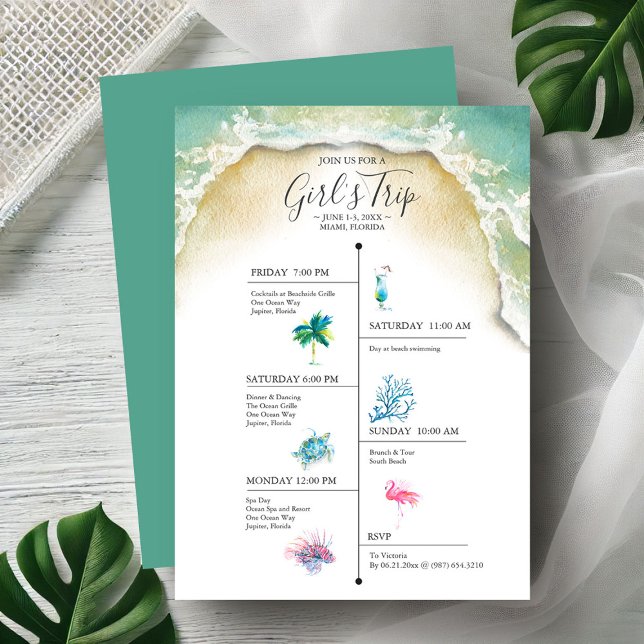 Bachelorette Party Girls Trip Tropical Itinerary (Beach bachelorette party invitations watercolor tropical art by Victoria Grigaliunas DoTellABelle)