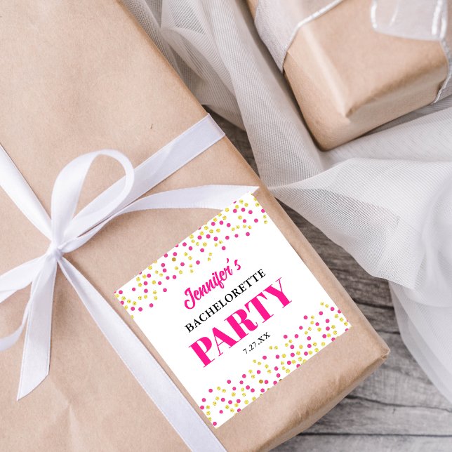 Bachelorette Party Glam Pink Gold Dots Square Sticker (Creator Uploaded)