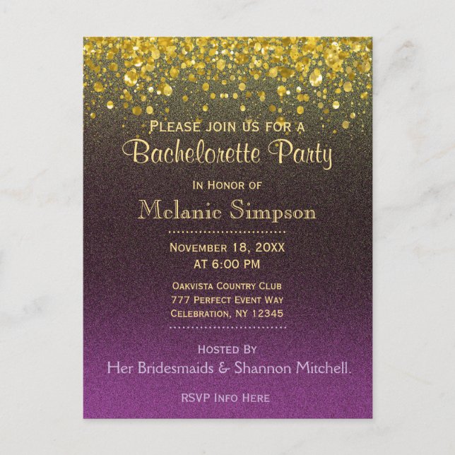 Bachelorette Party | Gold and Purple Card (Front)