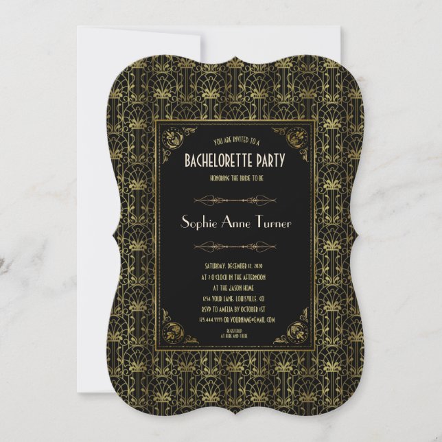 Bachelorette Party | Gold Black 1920s Art Deco Invitation (Front)