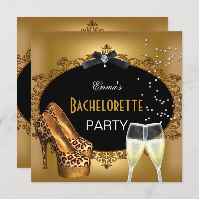 Bachelorette Party Gold Leopard Black Shoes 2 Invitation (Front/Back)