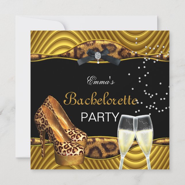 Bachelorette Party Gold Leopard Black Shoes 2 Invitation (Front)