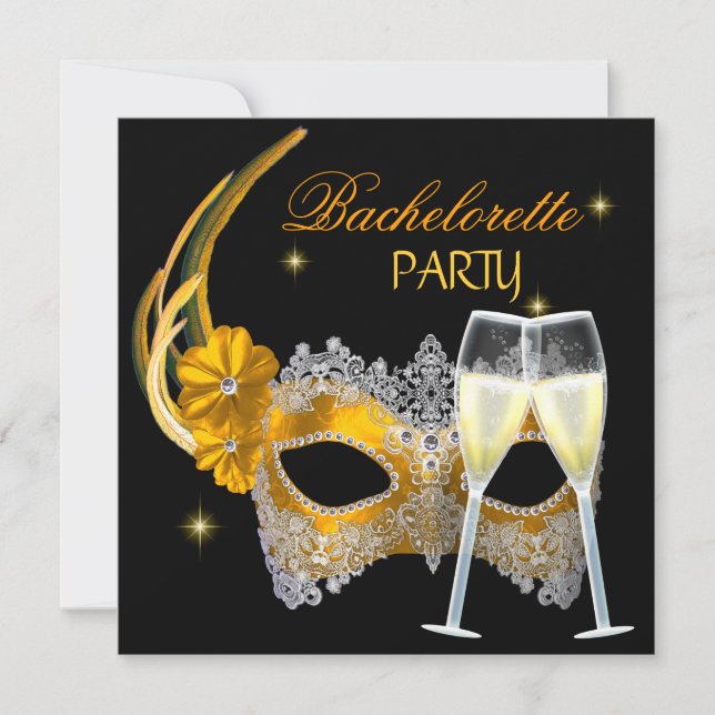 Bachelorette Party Gold Mask Champagne Black Invitation (Front)