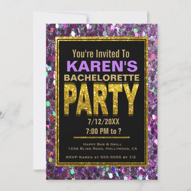 Bachelorette Party Invitation | Purple Glitter (Front)
