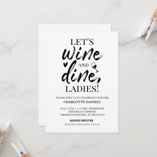 Bachelorette Party Invitation | Wine & Dine (Front/Back In Situ)
