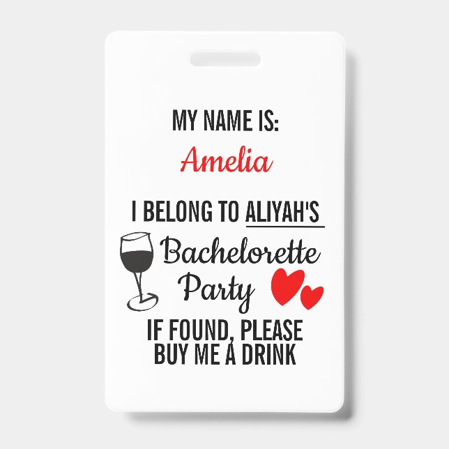 Bachelorette Party Lanyard Funny 'Buy Me a Drink' ID Badge (Front)