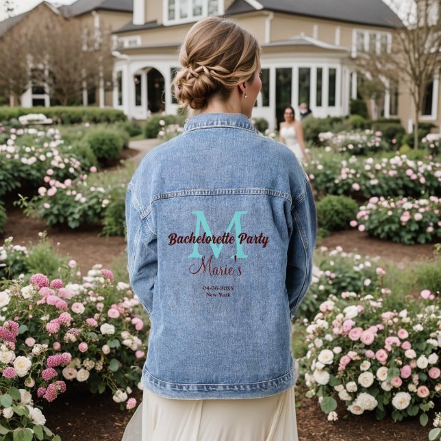 bachelorette party monogram add name date place si denim jacket (Wedding Back)