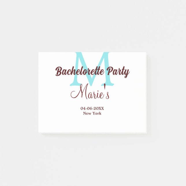 bachelorette party monogram add name date place si post-it notes (Front)