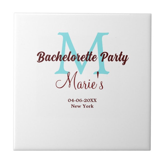 bachelorette party monogram add name date place si tile (Front)