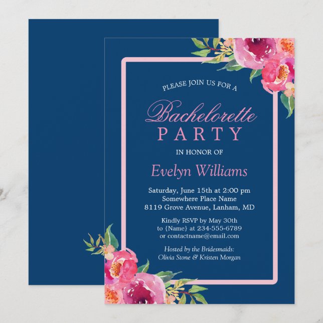 Bachelorette Party Navy Blue Purple Pink Floral Invitation (Front/Back)