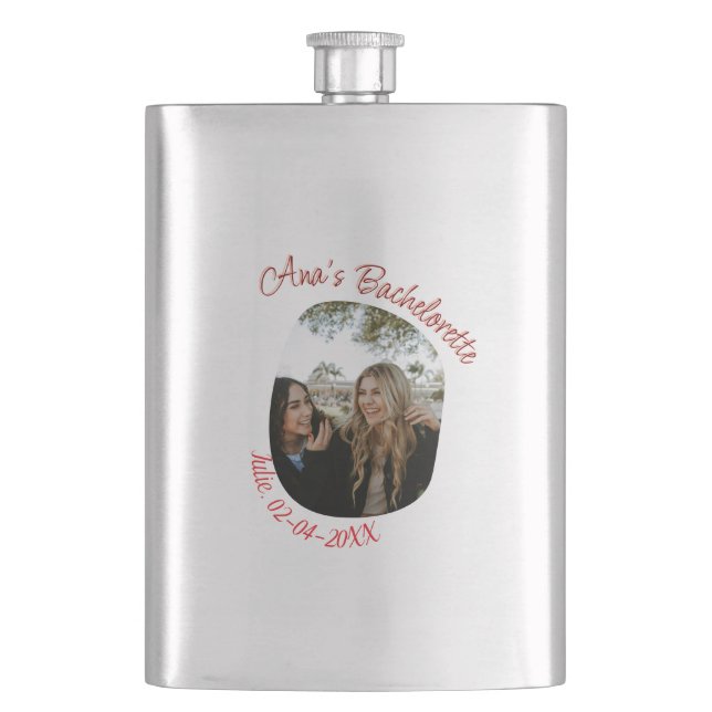 bachelorette party photo name date simple circular hip flask (Front)