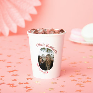 bachelorette party photo name date simple circular paper cups