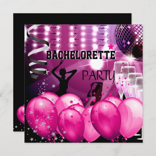 Bachelorette Party Pink Girl Disco Ball Balloons Invitation (Front/Back)