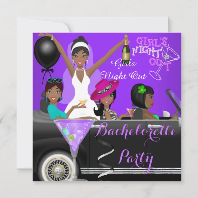 Bachelorette Party Purple Fun Limo Car Cocktails Invitation (Front)